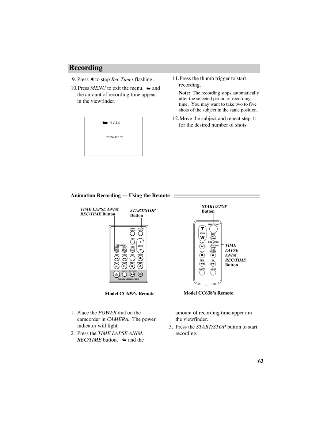 RCA CC638/639 manual Animation Recording Using the Remote, Press the Time Lapse Anim 