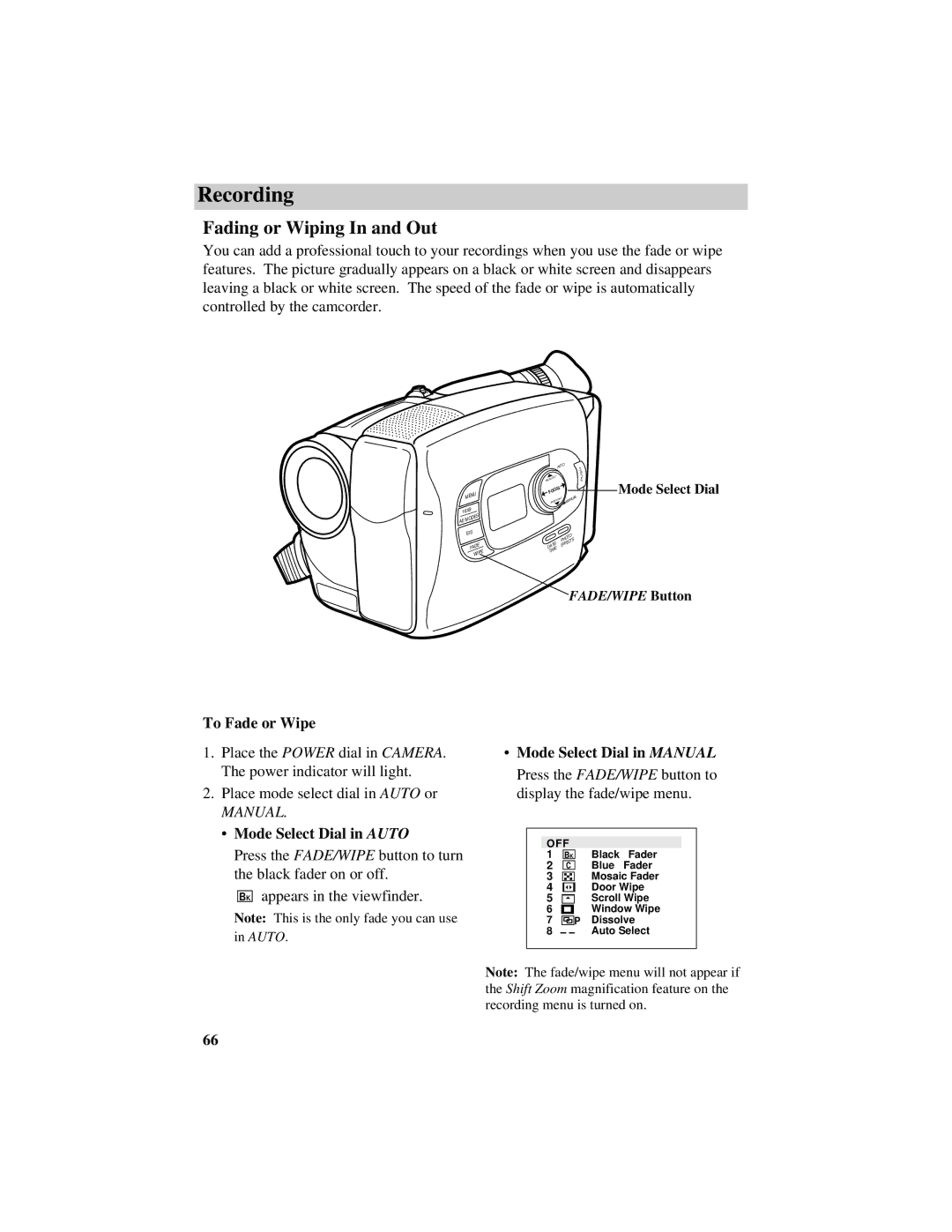 RCA CC638/639 manual Fading or Wiping In and Out, To Fade or Wipe, Mode Select Dial in Auto 