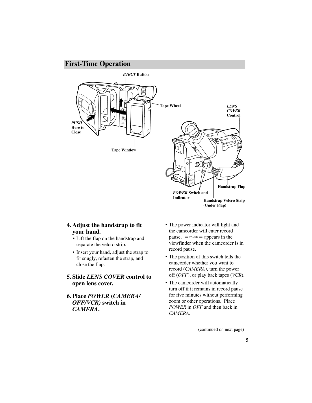 RCA CC638/639 manual Adjust the handstrap to fit your hand, Slide Lens Cover control to open lens cover 