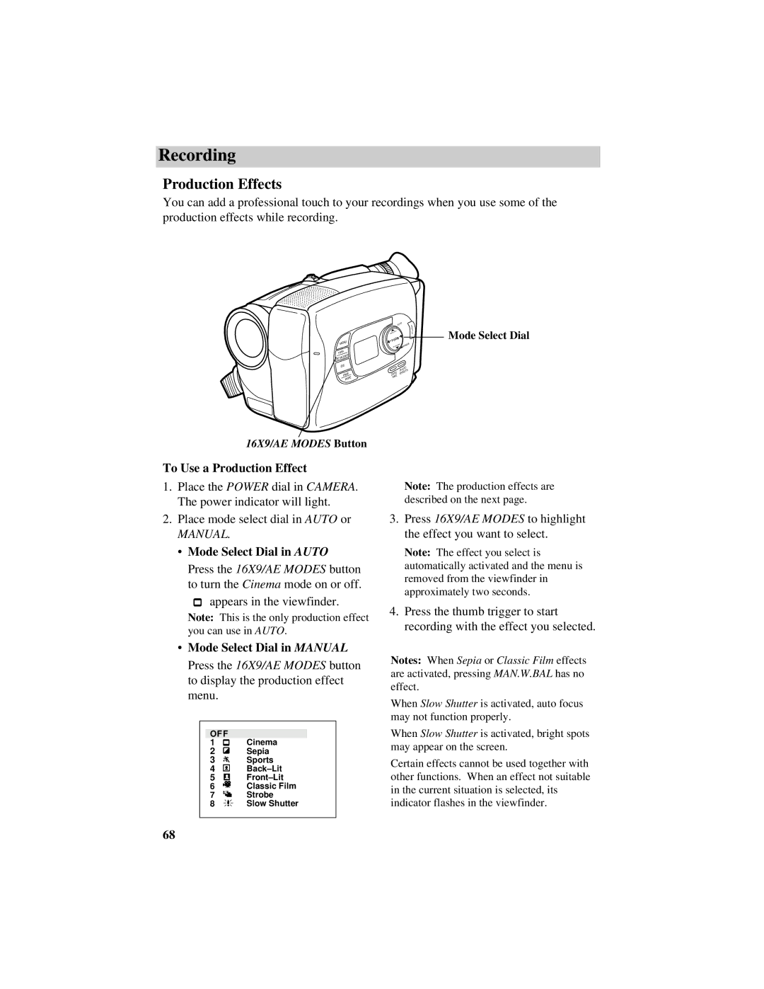 RCA CC638/639 manual Production Effects, To Use a Production Effect 