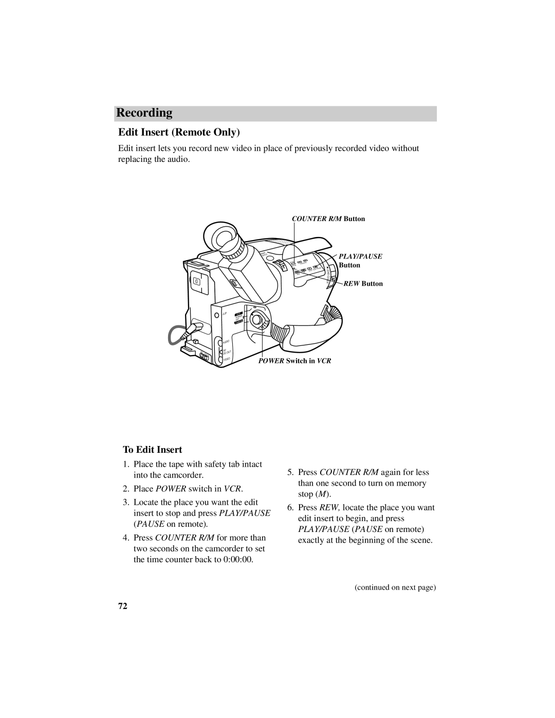 RCA CC638/639 manual Edit Insert Remote Only, To Edit Insert 