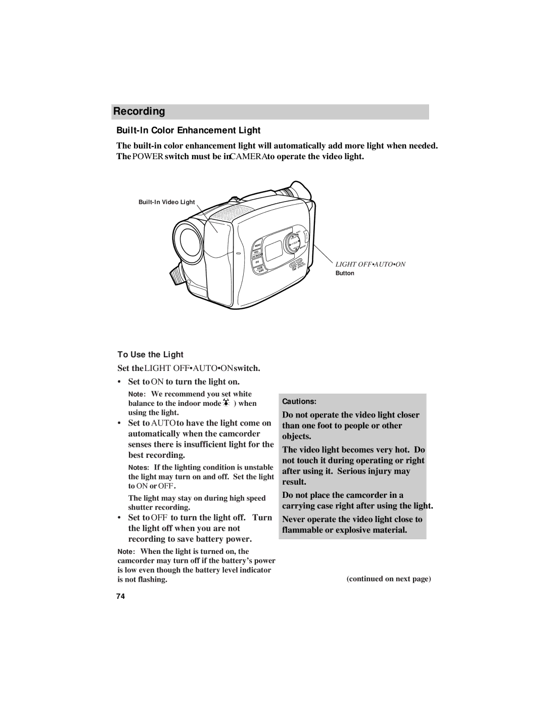 RCA CC638/639 manual Built-In Color Enhancement Light, To Use the Light, Set the Light Offautoon switch 