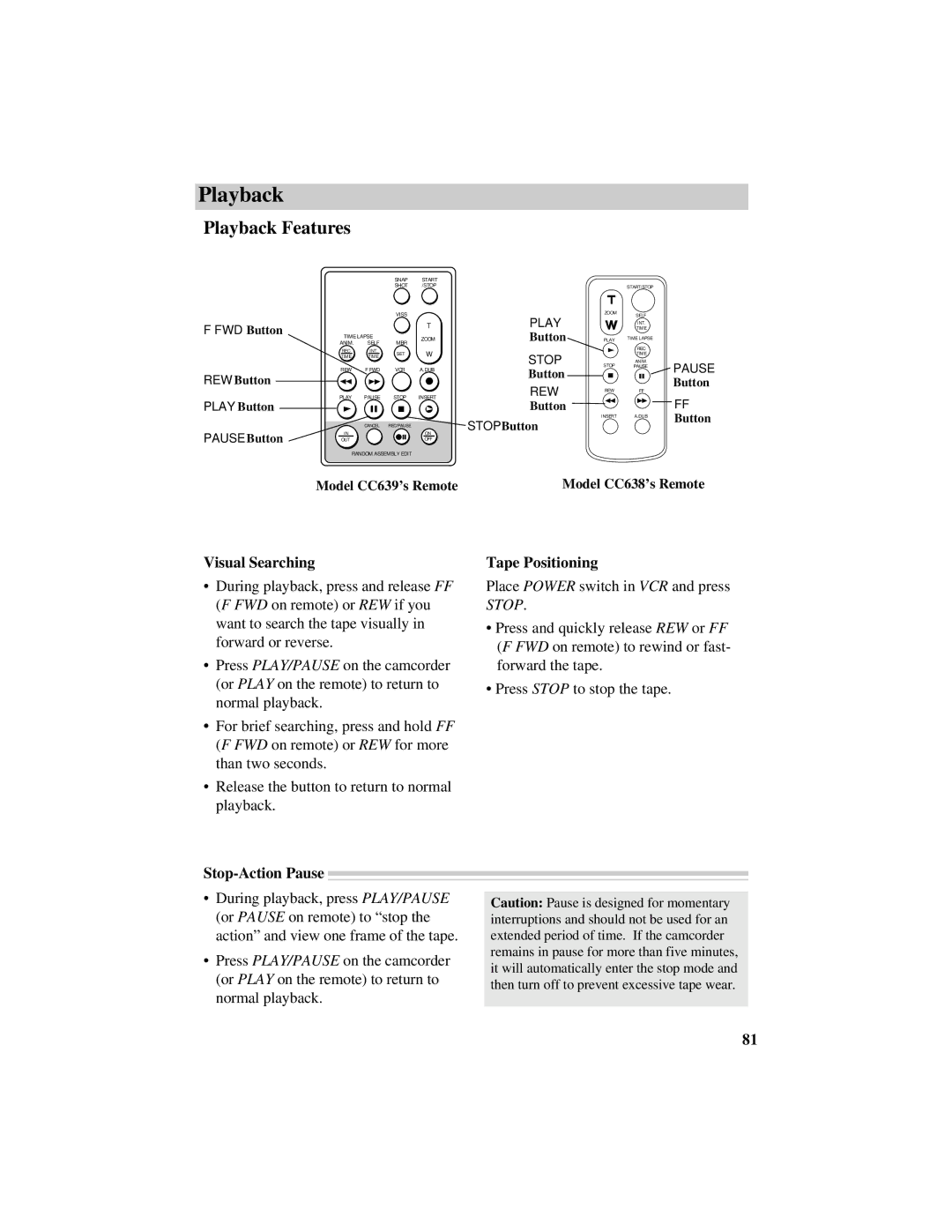 RCA CC638/639 manual Playback Features, Visual Searching Tape Positioning, Stop-Action Pause 