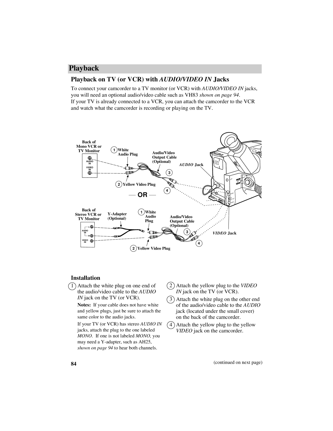 RCA CC638/639 manual Playback on TV or VCR with AUDIO/VIDEO in Jacks, Installation 