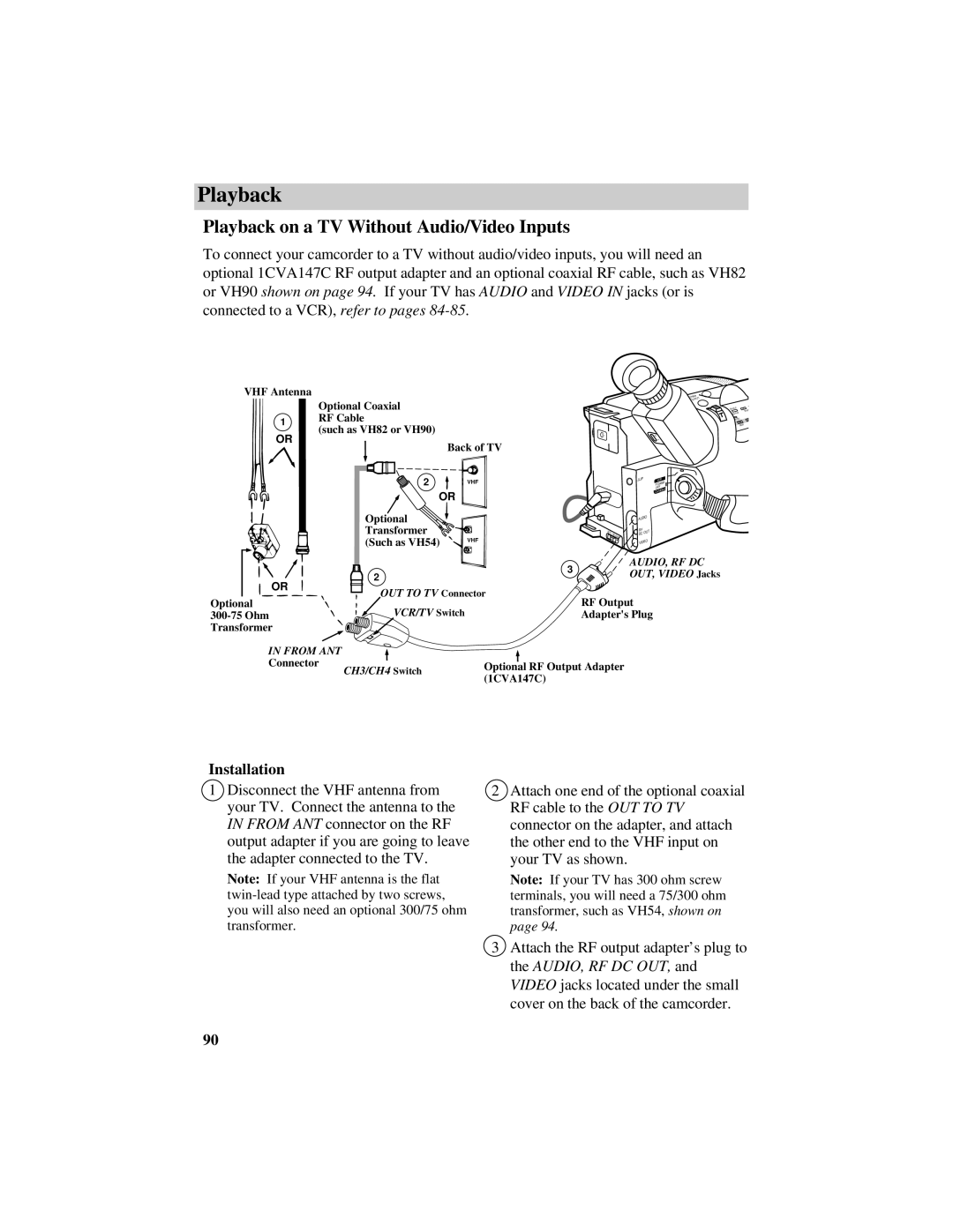 RCA CC638/639 manual Playback on a TV Without Audio/Video Inputs, Installation 