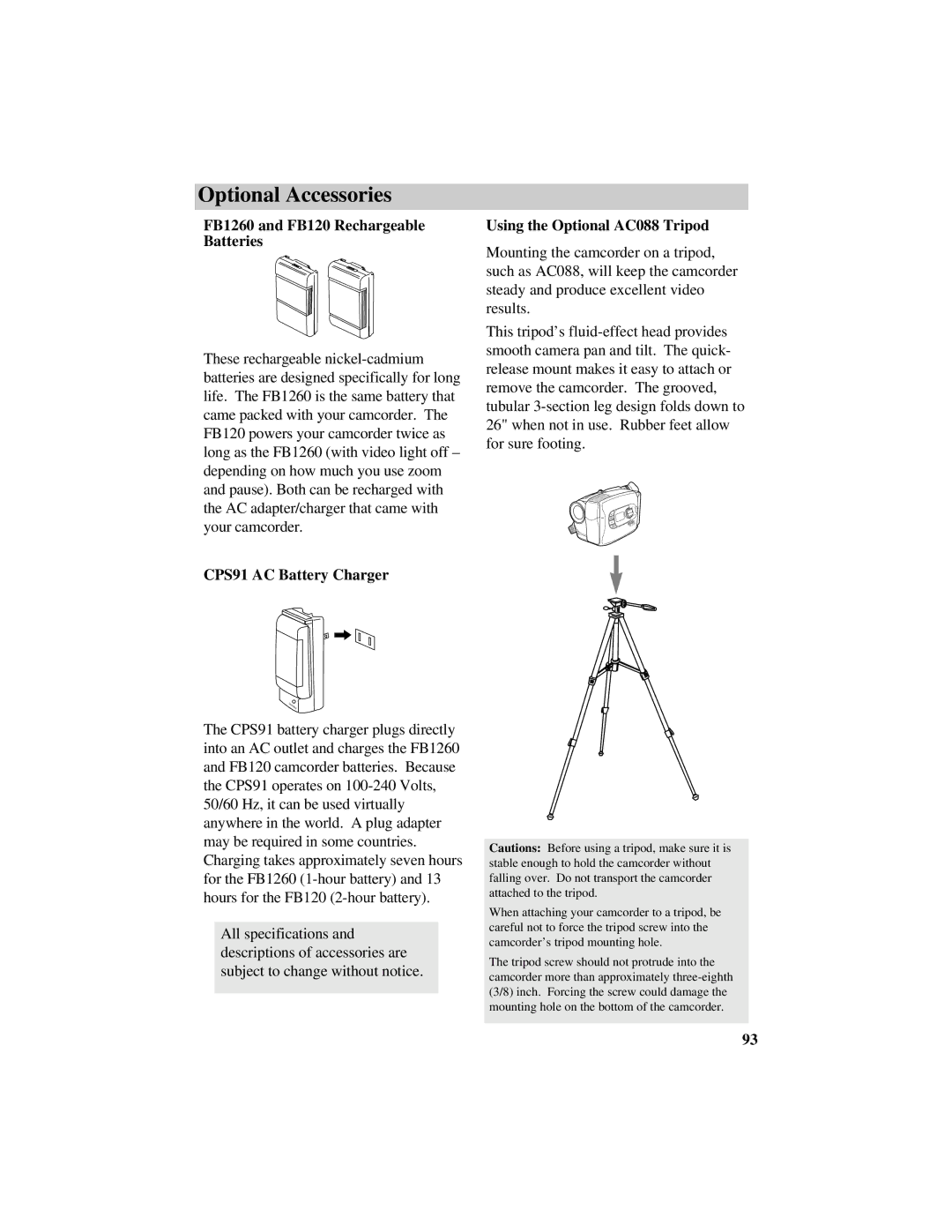 RCA CC638/639 manual FB1260 and FB120 Rechargeable Batteries, Using the Optional AC088 Tripod, CPS91 AC Battery Charger 