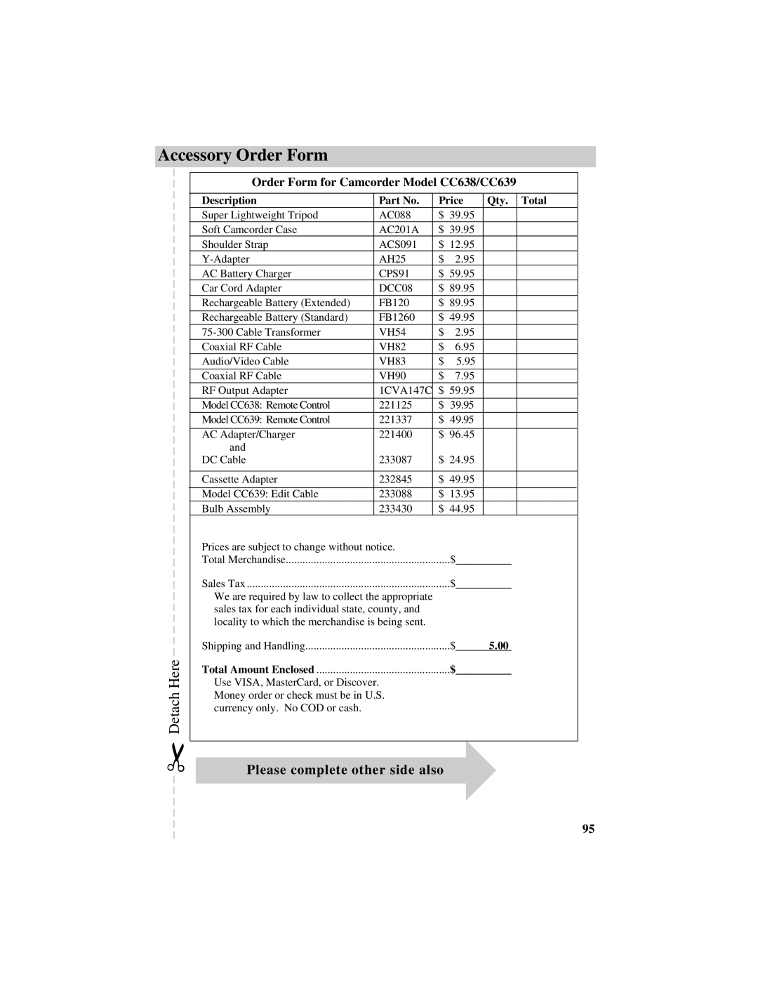 RCA CC638/639 manual Accessory Order Form, Please complete other side also, Order Form for Camcorder Model CC638/CC639 