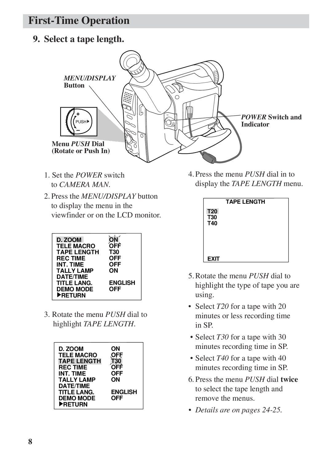 RCA CC6392 manual Select a tape length, Rotate the menu Push dial to highlight Tape Length 