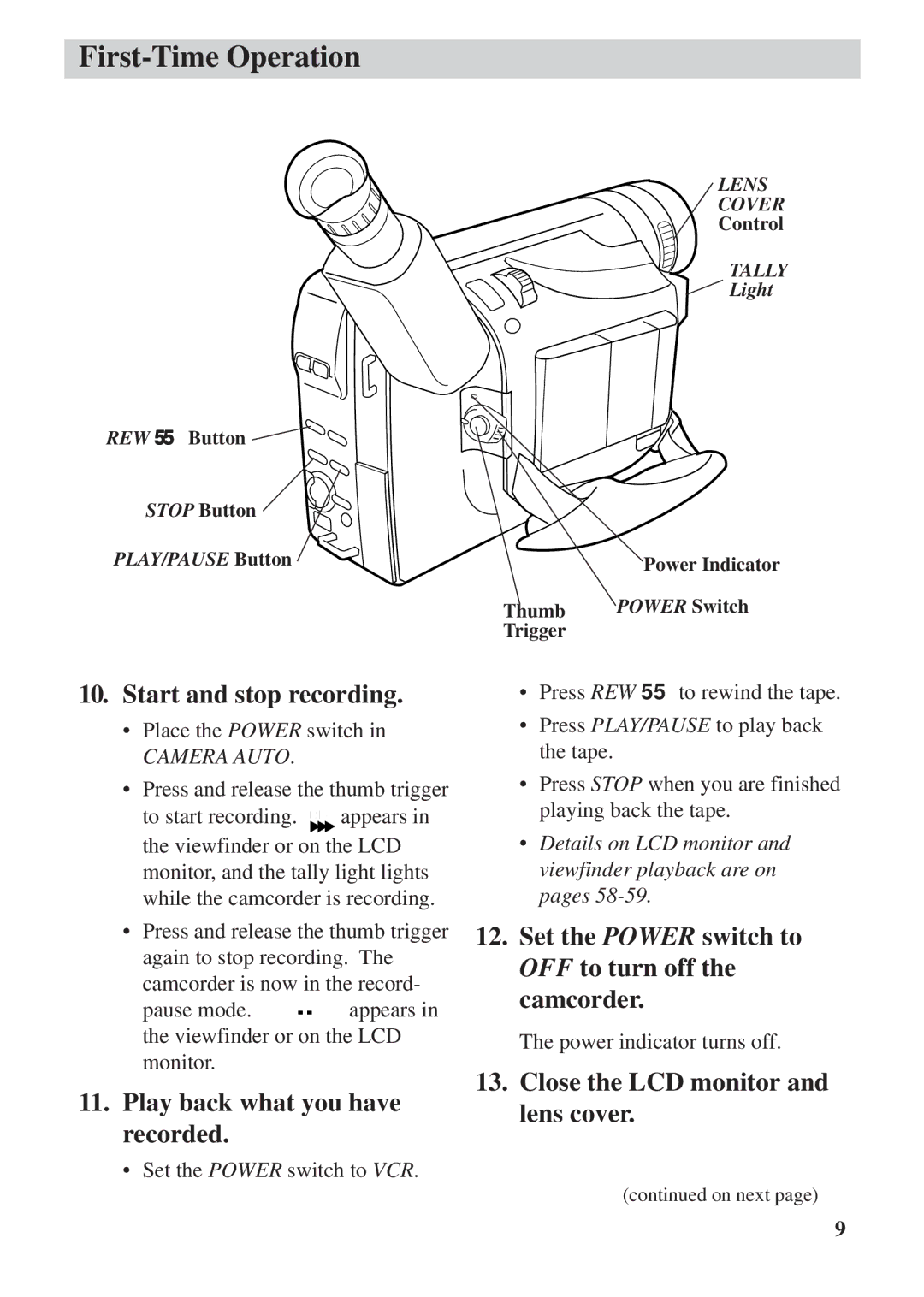 RCA CC6392 manual Start and stop recording, Play back what you have recorded, Close the LCD monitor and lens cover 