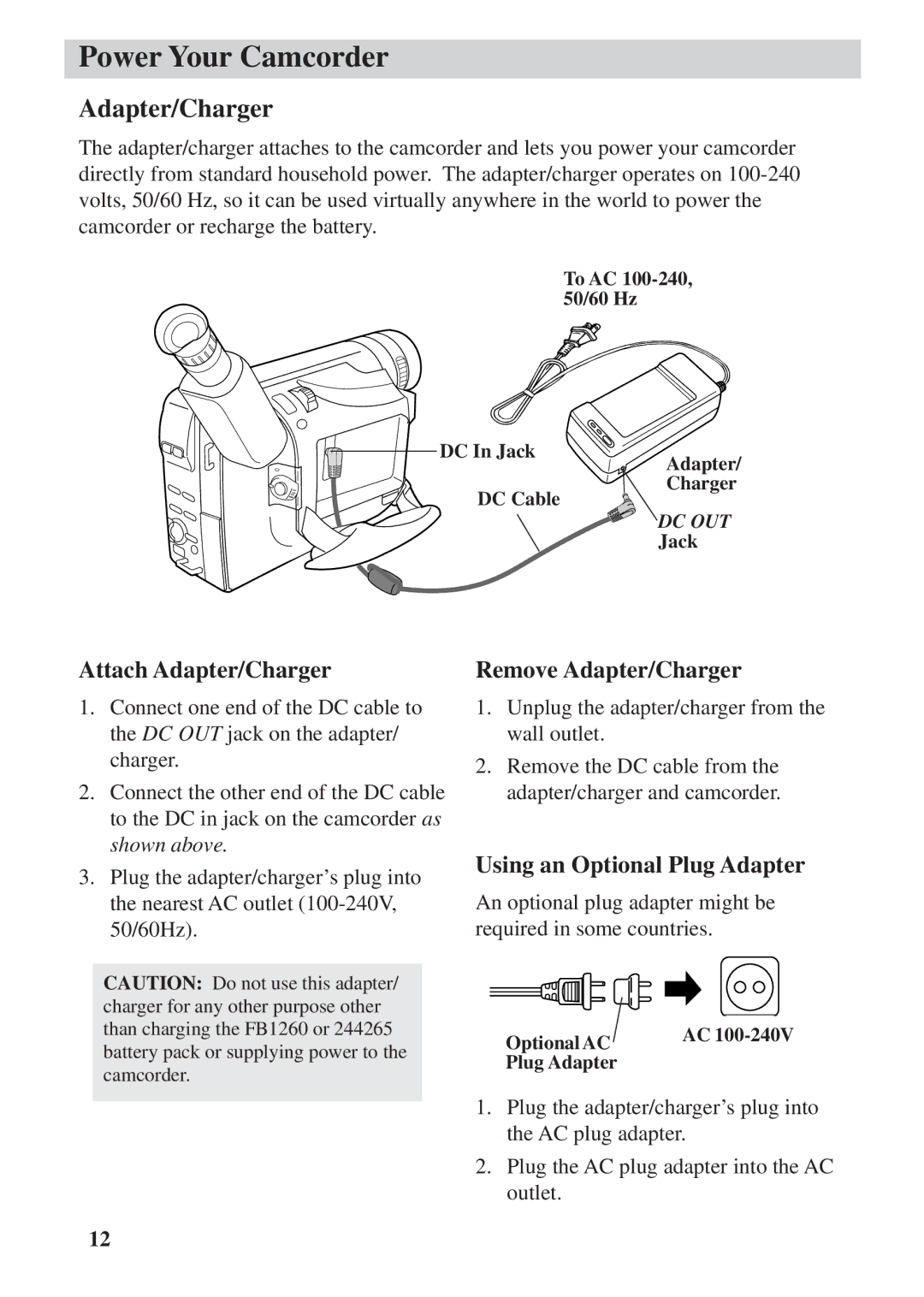 RCA CC6392 manual Power Your Camcorder, Attach Adapter/Charger, Remove Adapter/Charger, Using an Optional Plug Adapter 