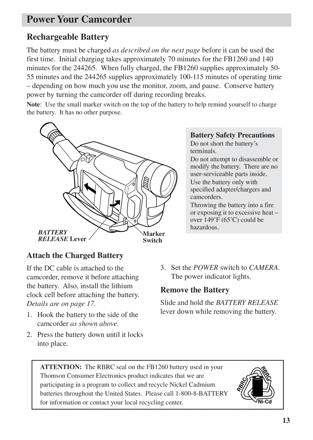 RCA CC6392 manual Rechargeable Battery, Attach the Charged Battery, Remove the Battery, Battery Safety Precautions 