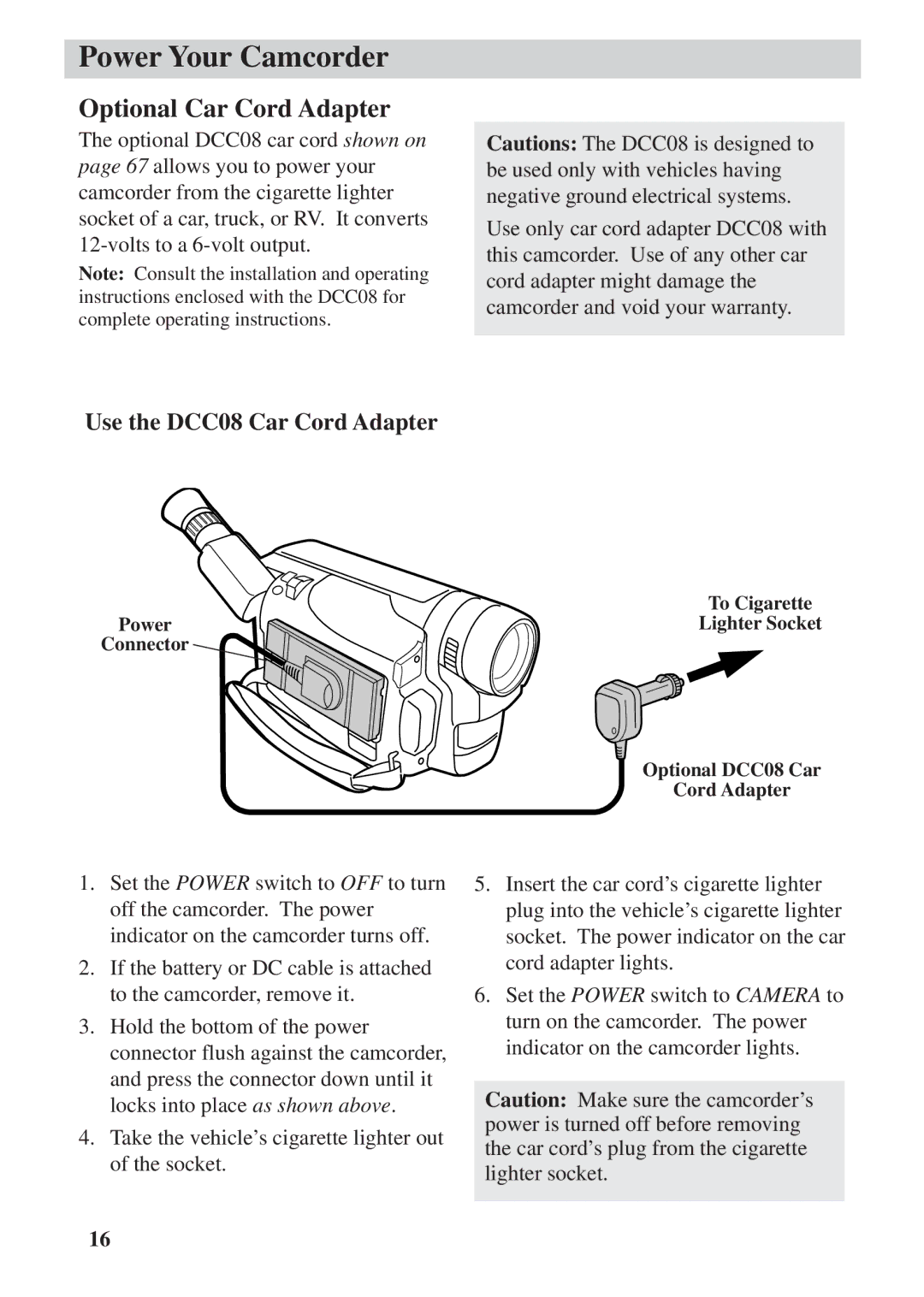 RCA CC6392 manual Optional Car Cord Adapter, Use the DCC08 Car Cord Adapter 