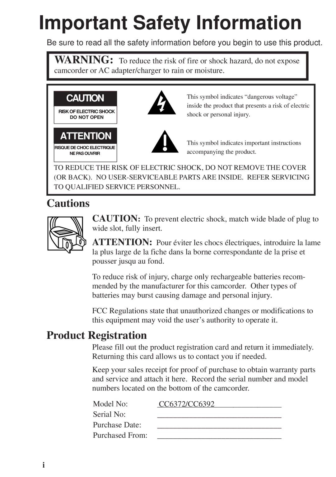 RCA CC6392 manual Important Safety Information, Product Registration 