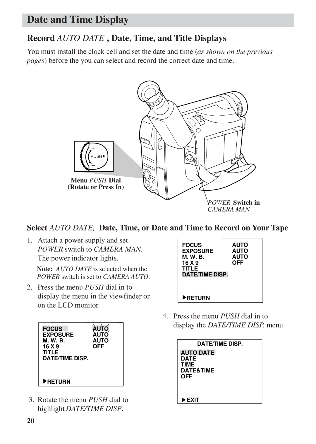 RCA CC6392 manual Record Auto DATE, Date, Time, and Title Displays 