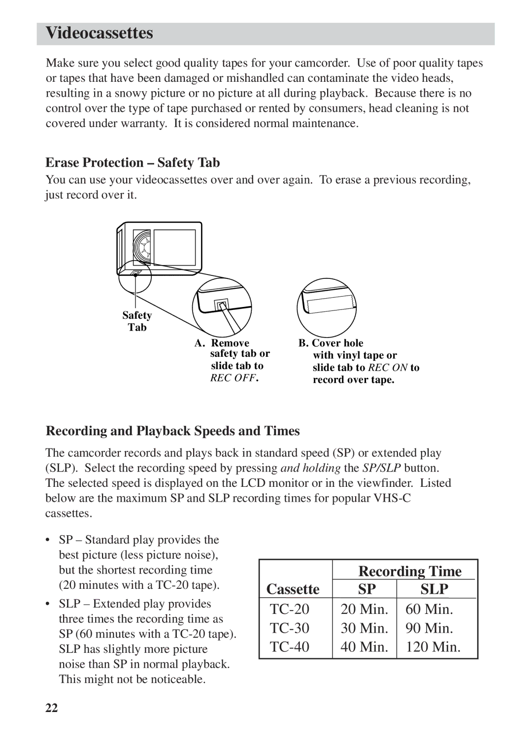 RCA CC6392 Videocassettes, Recording Time, Cassette, Erase Protection Safety Tab, Recording and Playback Speeds and Times 