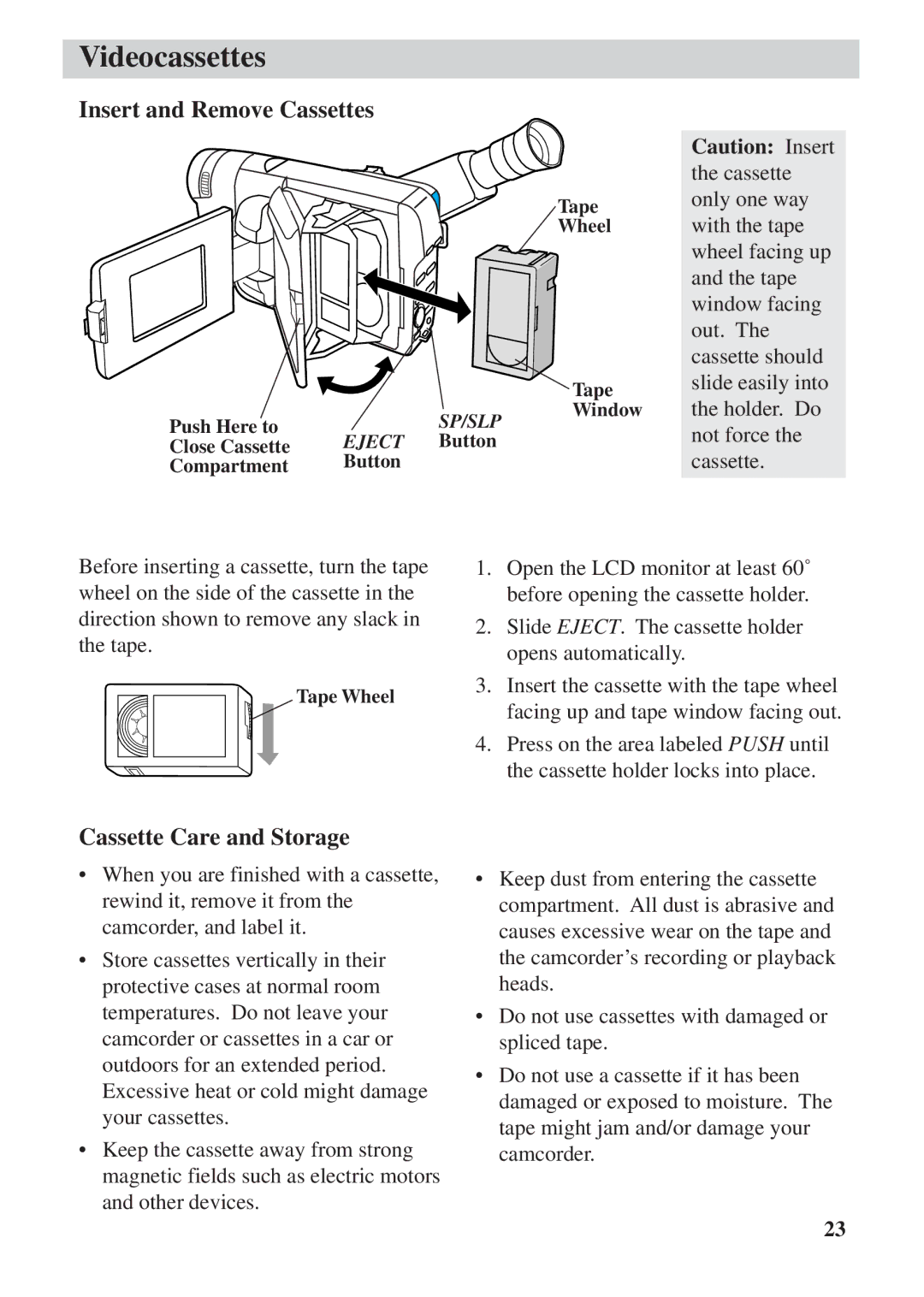 RCA CC6392 manual Insert and Remove Cassettes, Cassette Care and Storage 