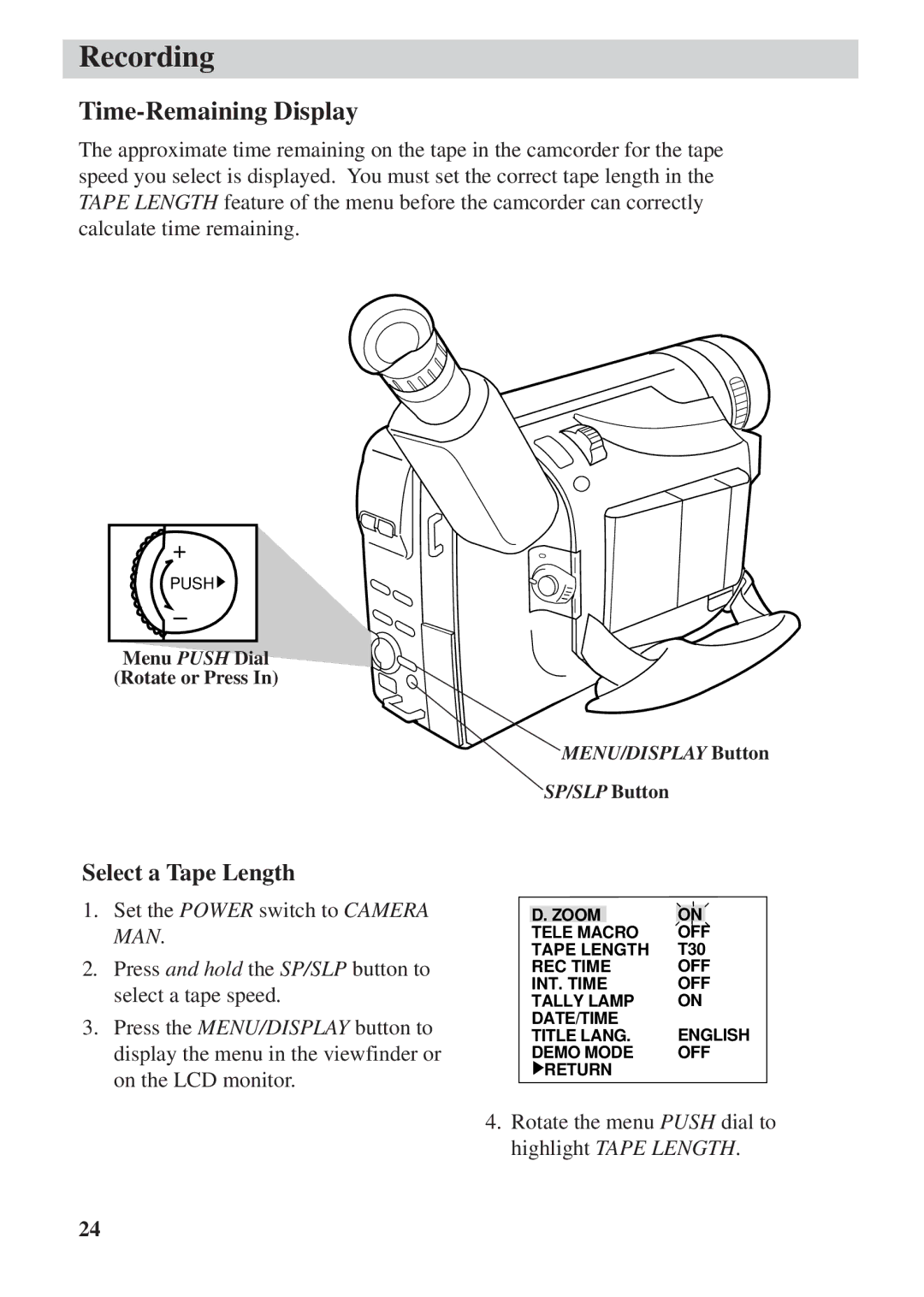 RCA CC6392 manual Recording, Time-Remaining Display, Select a Tape Length 