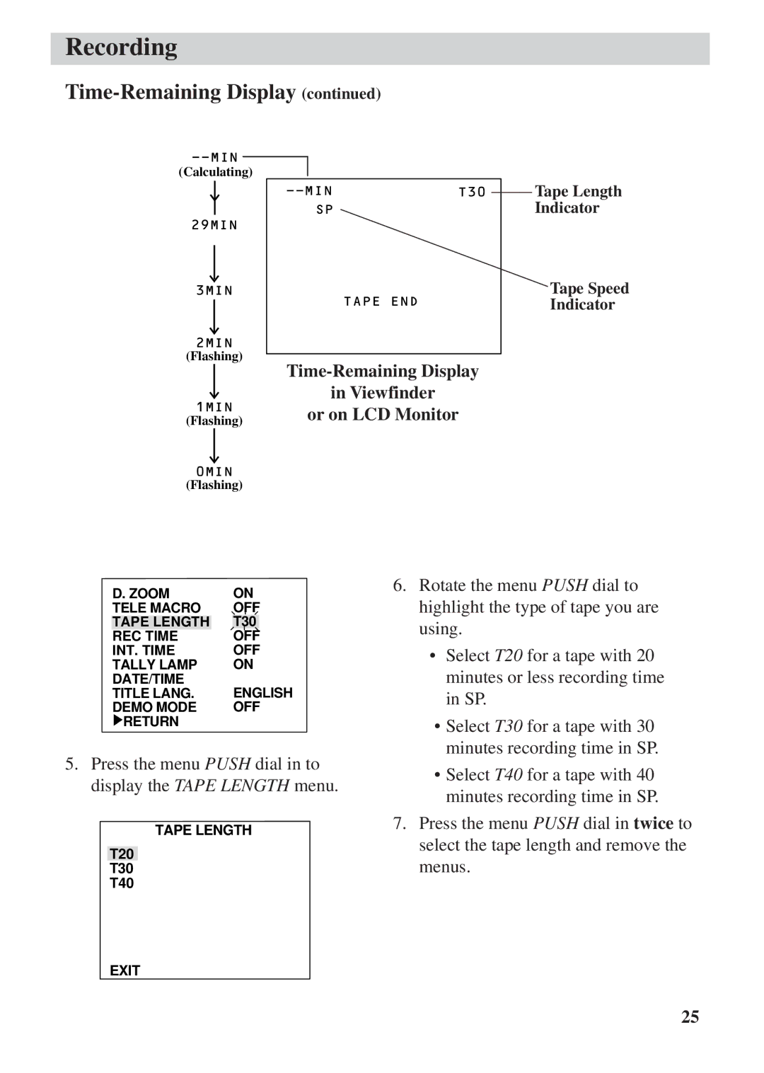 RCA CC6392 manual Time-Remaining Display Viewfinder Or on LCD Monitor, Tape Length Indicator Tape Speed Indicator 