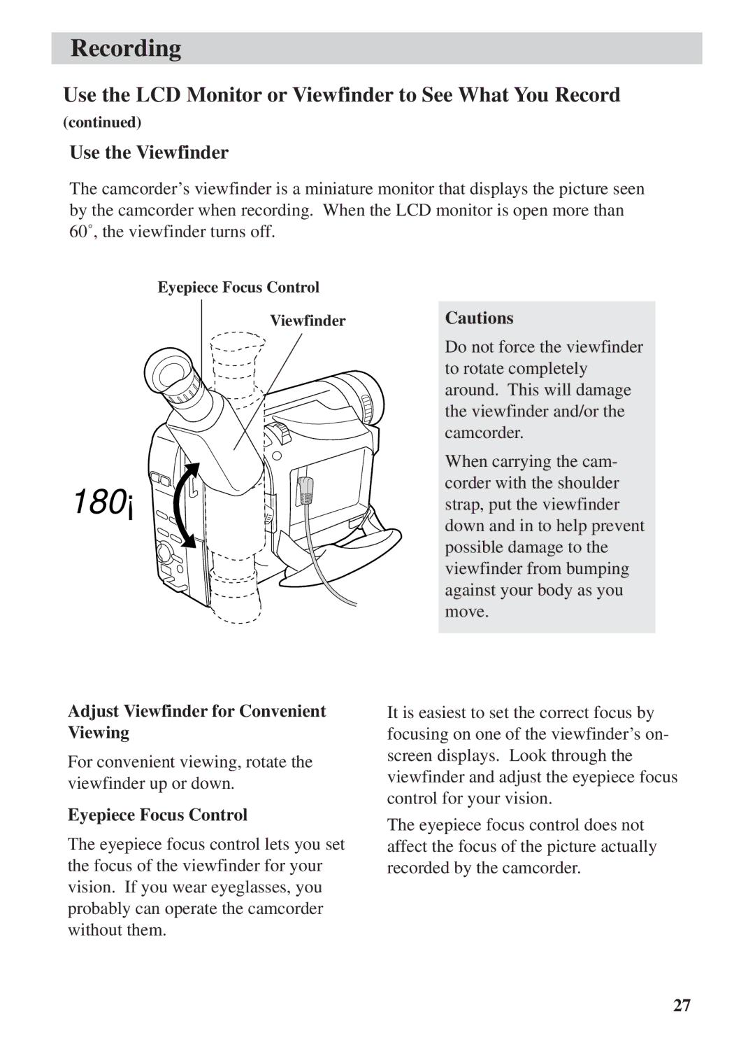 RCA CC6392 manual Use the Viewfinder, Adjust Viewfinder for Convenient Viewing, Eyepiece Focus Control 