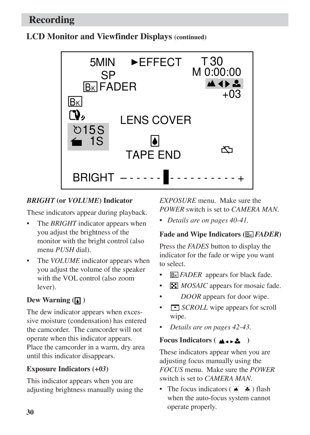 RCA CC6392 manual Bright or Volume Indicator, Dew Warning, Exposure Indicators +03, Fade and Wipe Indicators BK Fader 