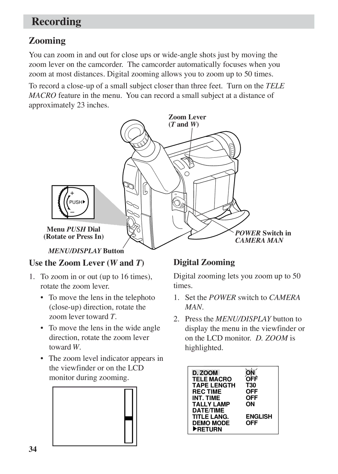 RCA CC6392 manual Use the Zoom Lever W and T, Digital Zooming 