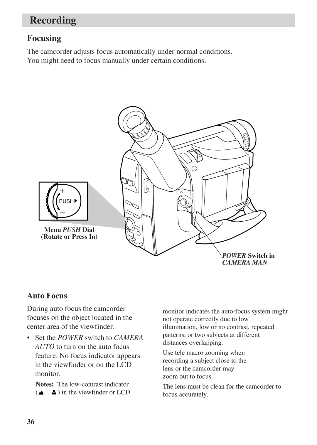 RCA CC6392 manual Focusing, Auto Focus 