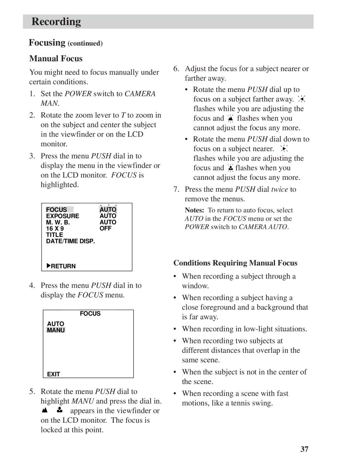 RCA CC6392 manual Conditions Requiring Manual Focus 