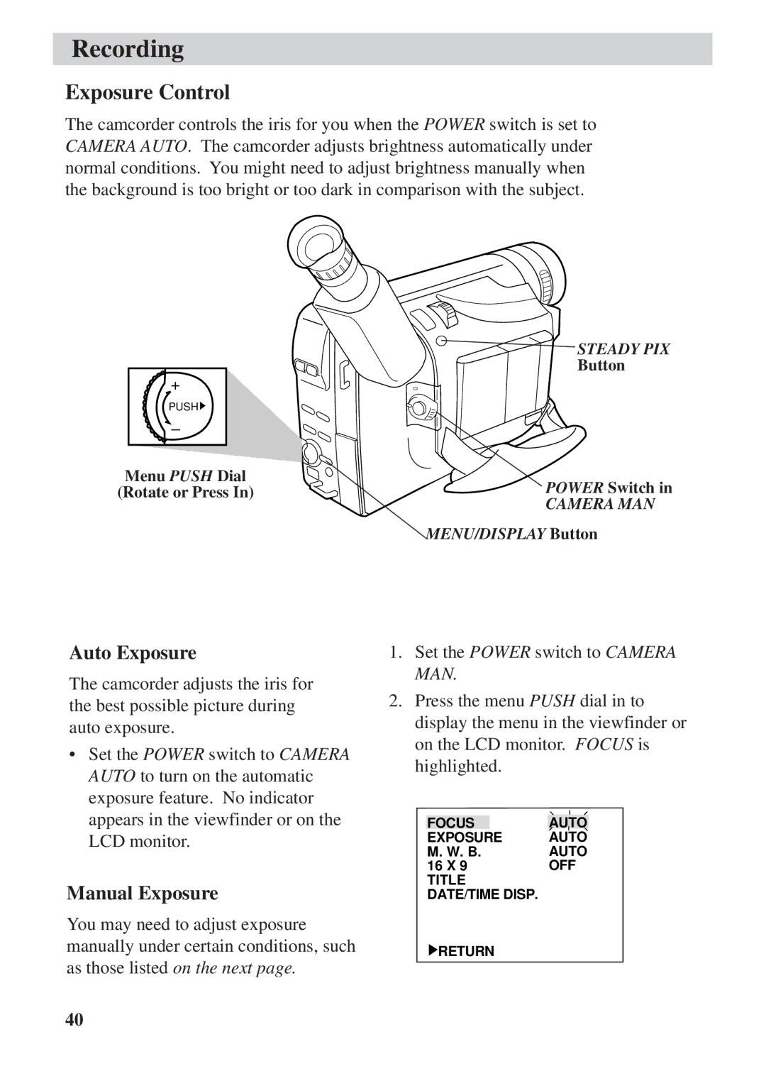 RCA CC6392 manual Exposure Control, Auto Exposure, Manual Exposure 