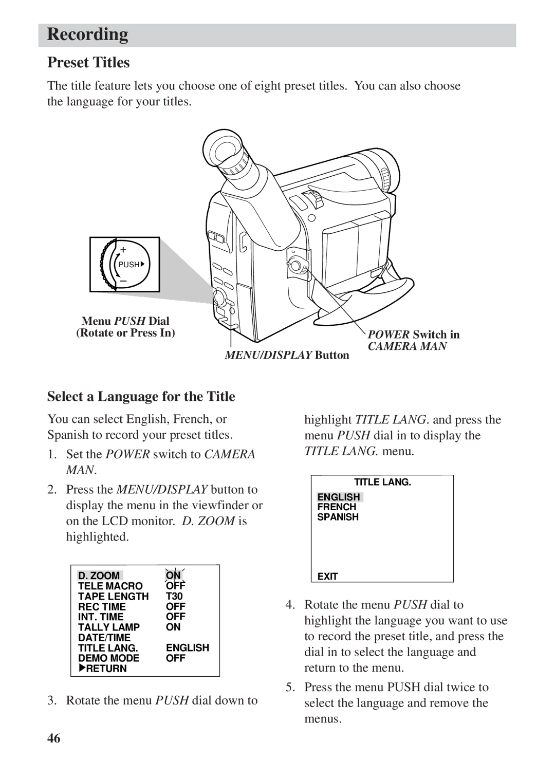 RCA CC6392 manual Preset Titles, Select a Language for the Title 