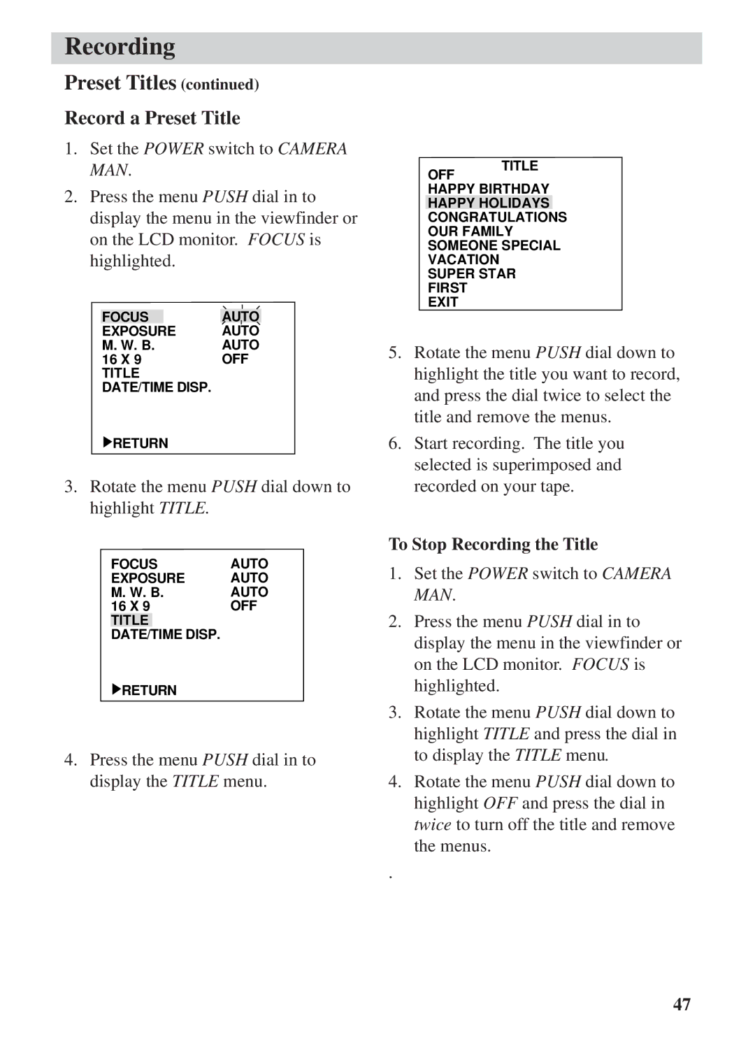 RCA CC6392 manual Record a Preset Title, To Stop Recording the Title 