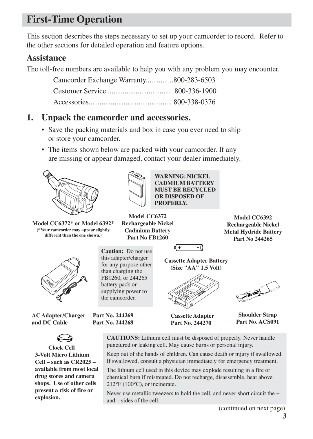 RCA CC6392 manual First-Time Operation, Assistance, Unpack the camcorder and accessories 