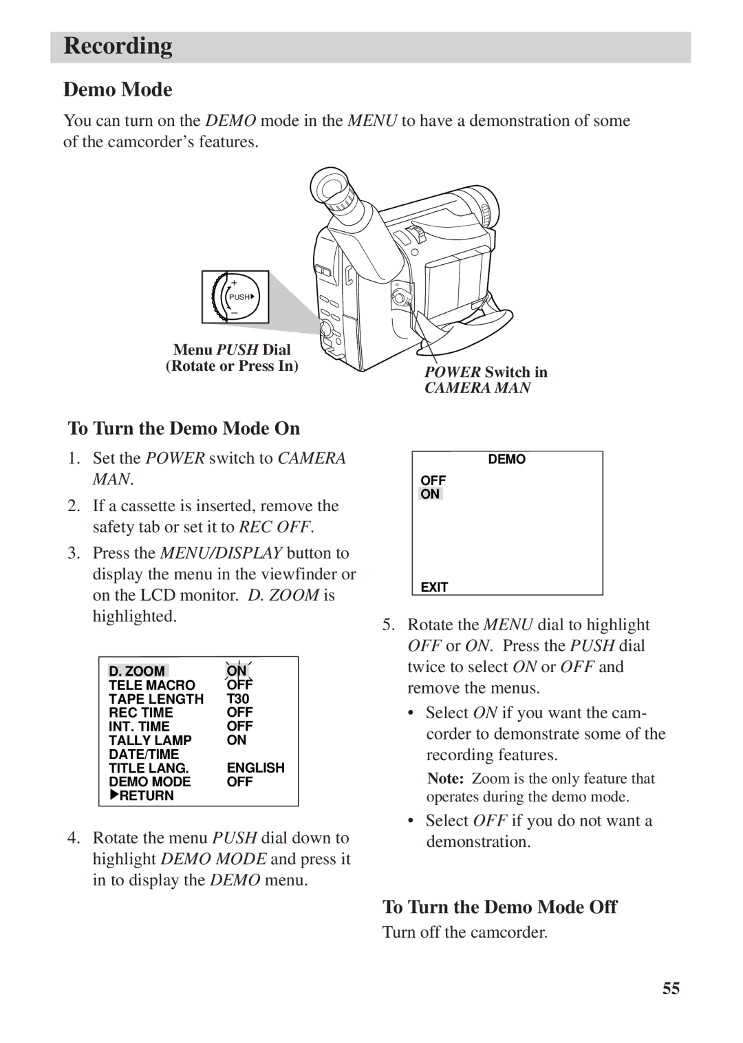 RCA CC6392 manual To Turn the Demo Mode On, To Turn the Demo Mode Off 