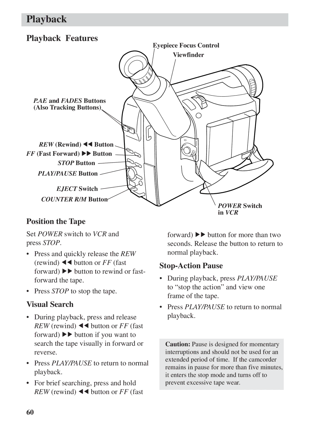 RCA CC6392 manual Playback Features, Position the Tape, Visual Search, Stop-Action Pause 