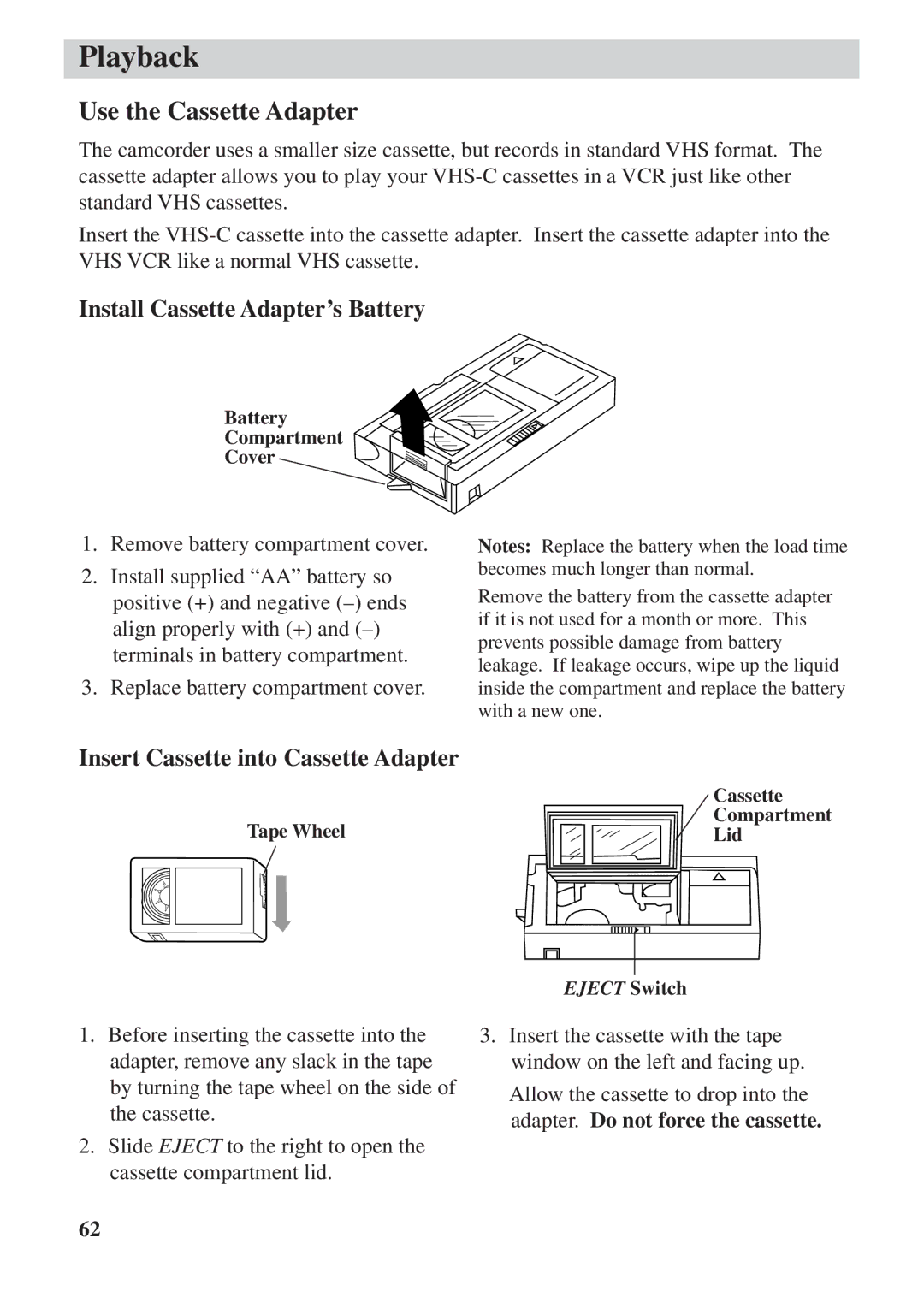 RCA CC6392 manual Use the Cassette Adapter, Install Cassette Adapter’s Battery, Insert Cassette into Cassette Adapter 