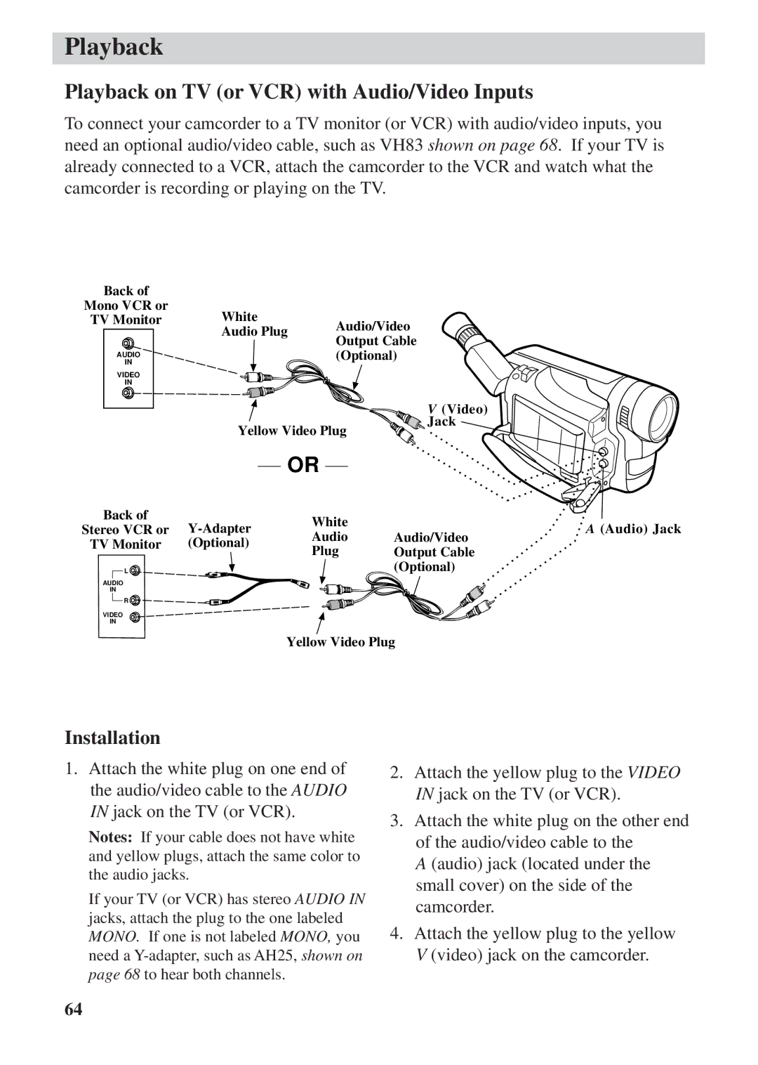 RCA CC6392 manual Playback on TV or VCR with Audio/Video Inputs, Installation 