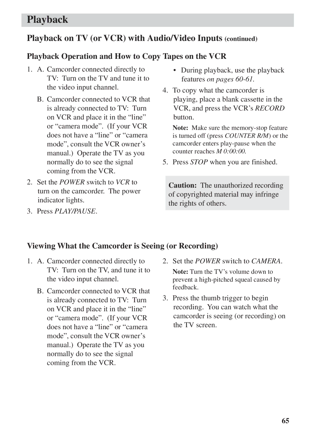 RCA CC6392 manual Playback Operation and How to Copy Tapes on the VCR, Viewing What the Camcorder is Seeing or Recording 