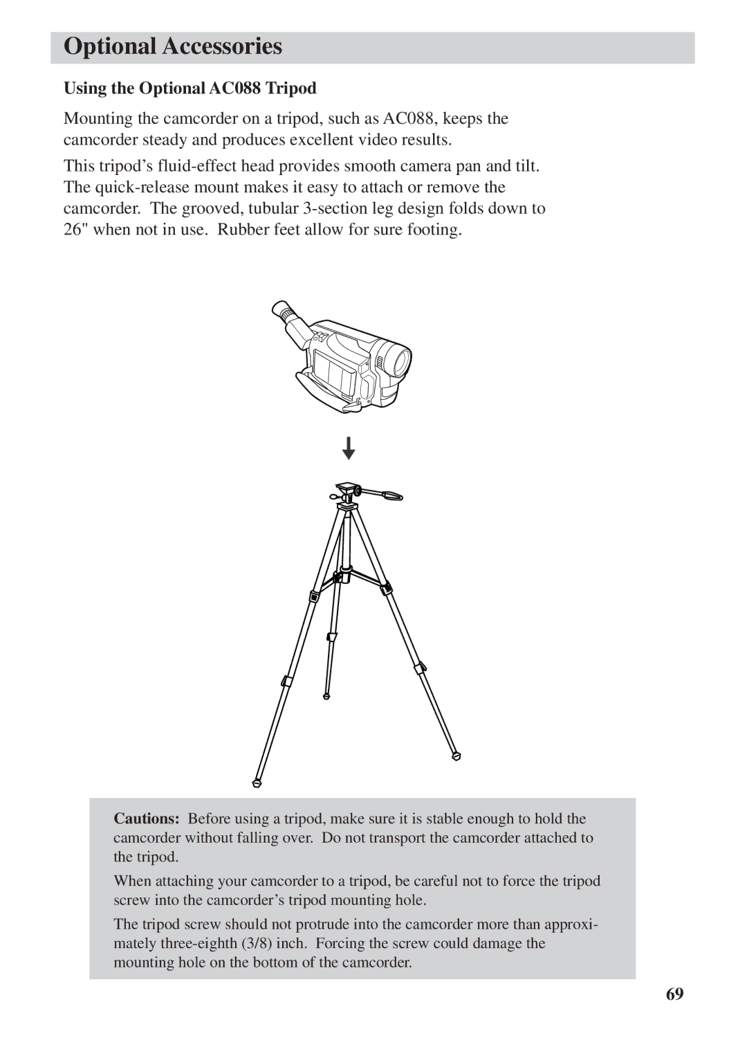 RCA CC6392 manual Using the Optional AC088 Tripod 