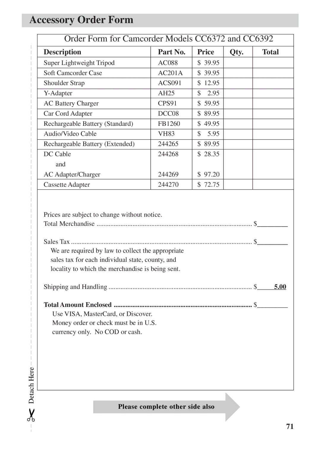 RCA manual Order Form for Camcorder Models CC6372 and CC6392, Description Price Qty Total 