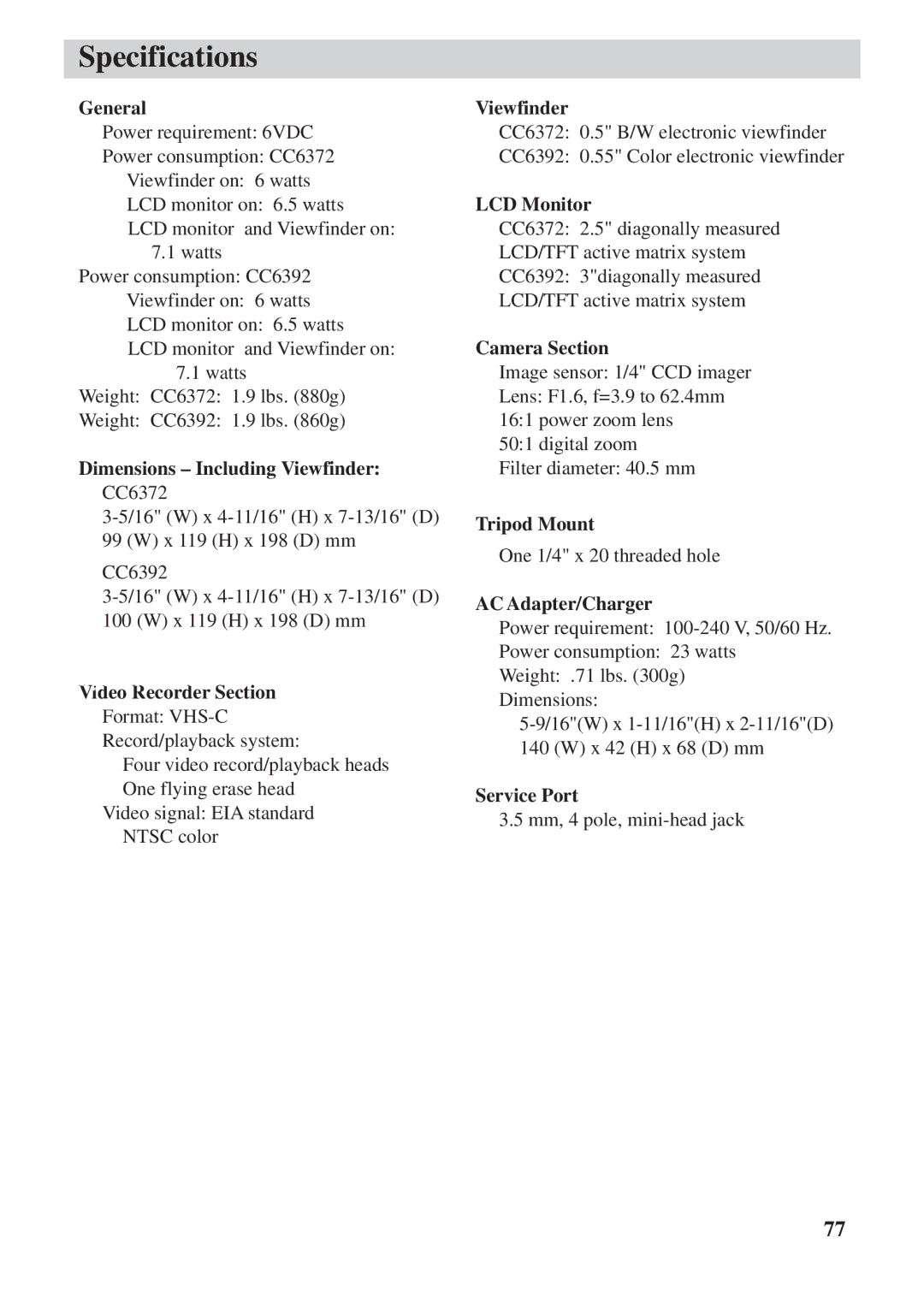 RCA CC6392 manual Specifications, General 