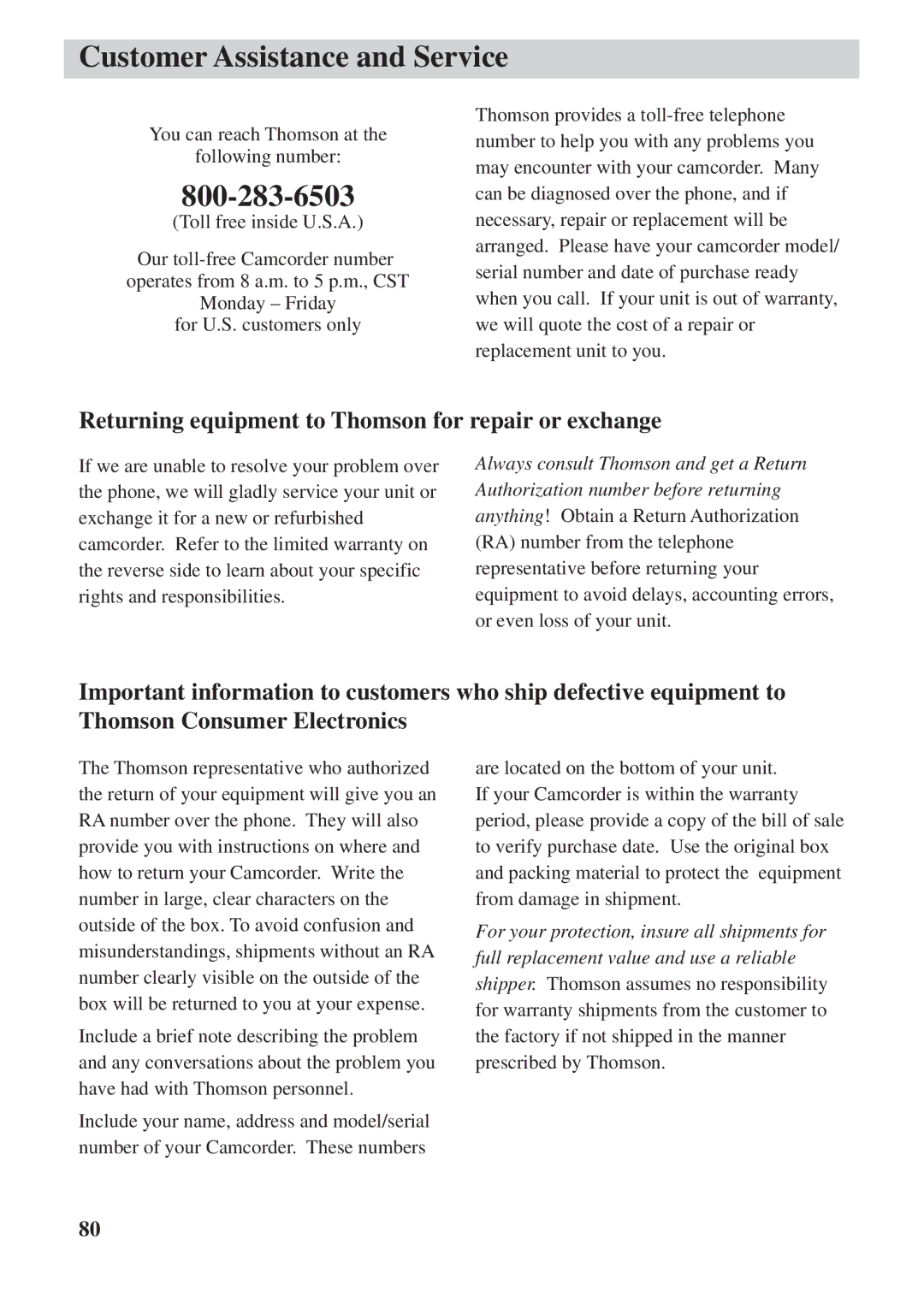 RCA CC6392 manual Customer Assistance and Service, Returning equipment to Thomson for repair or exchange 