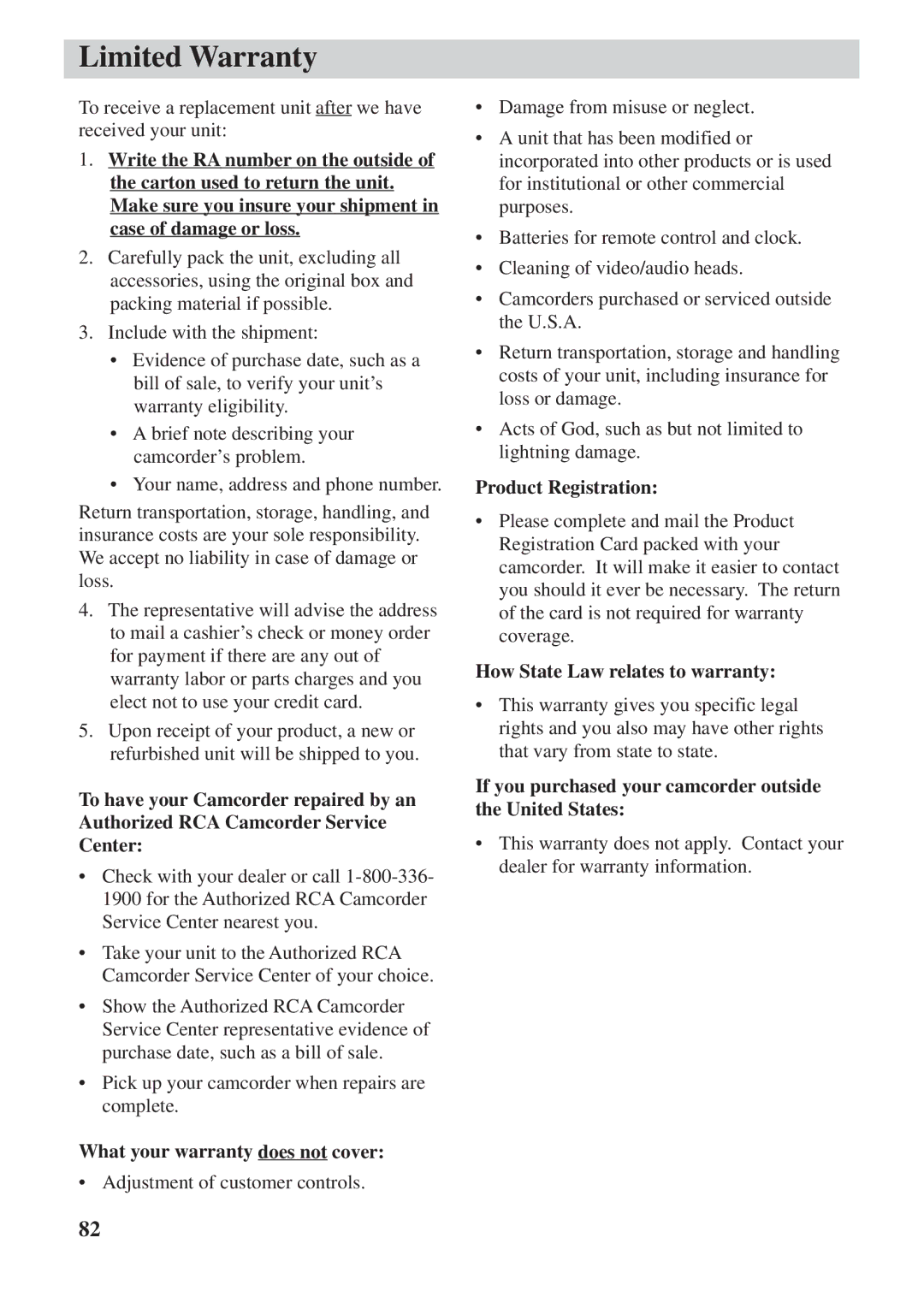 RCA CC6392 manual If you purchased your camcorder outside the United States 