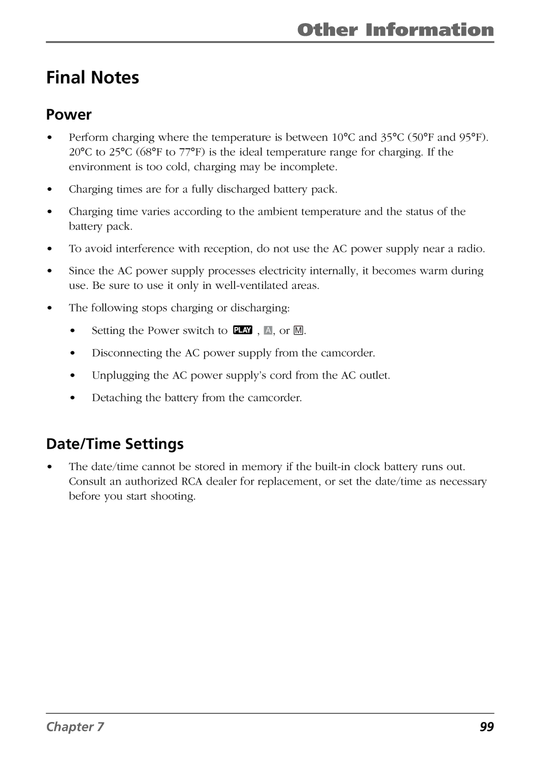 RCA CC6394 manual Final Notes, Power, Date/Time Settings 