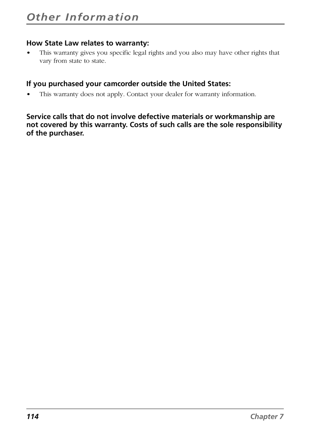 RCA CC6394 manual How State Law relates to warranty, If you purchased your camcorder outside the United States 