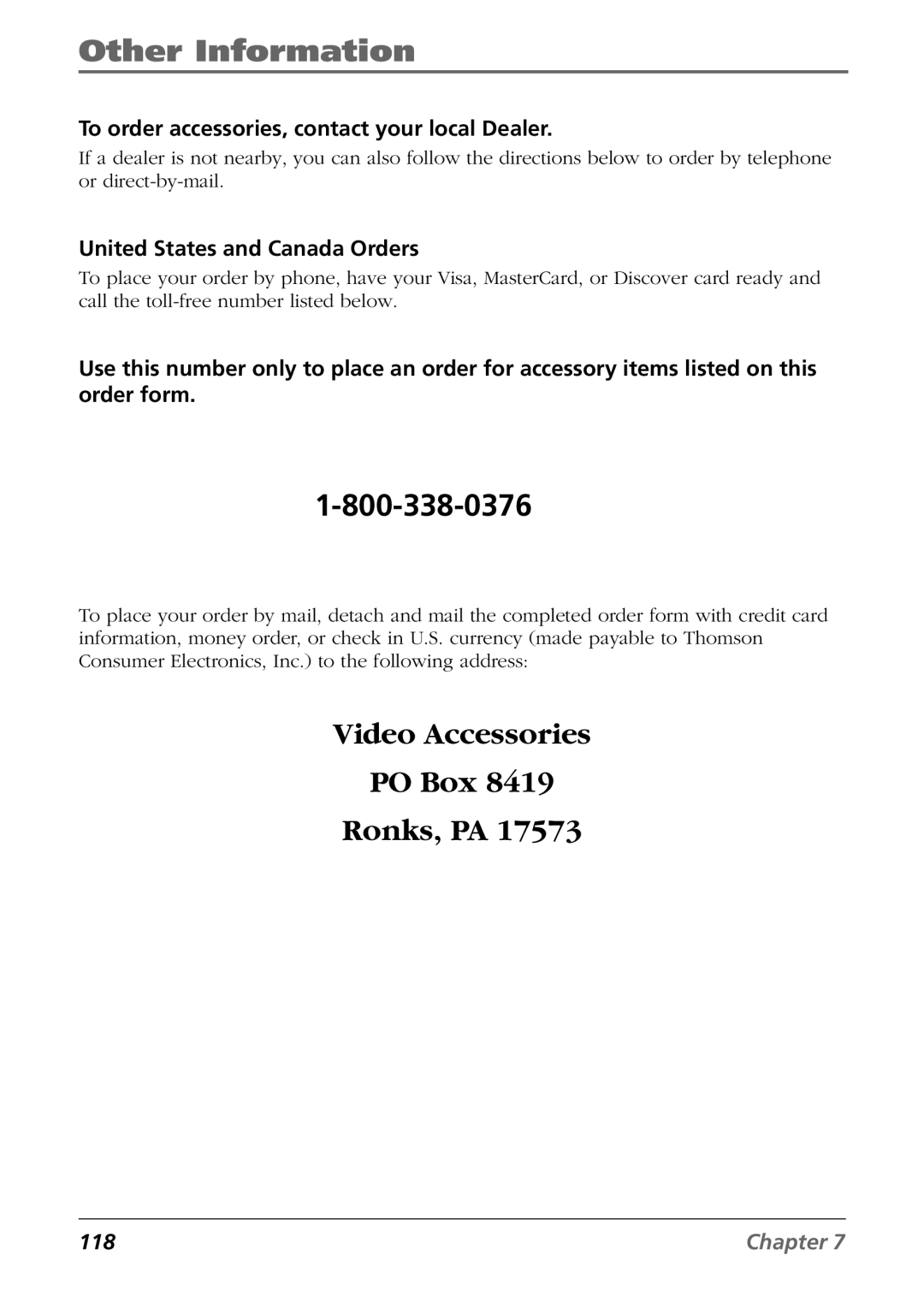 RCA CC6394 manual To order accessories, contact your local Dealer, United States and Canada Orders 