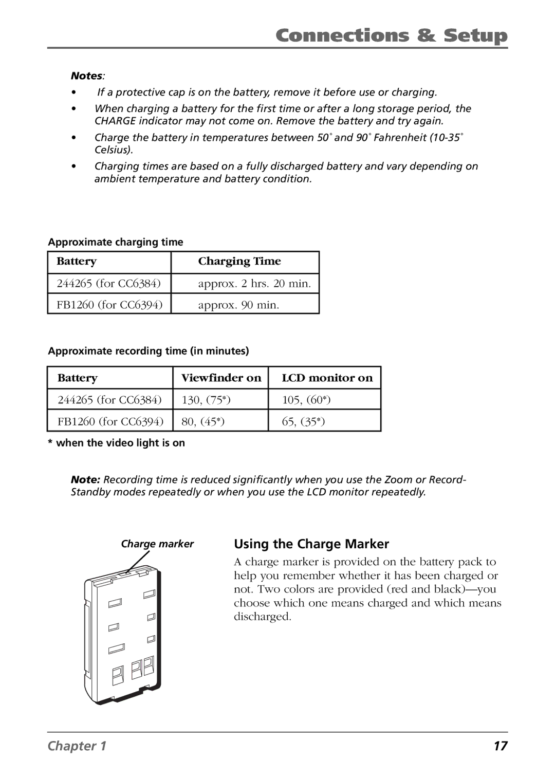 RCA CC6394 manual Charge marker Using the Charge Marker, Battery Charging Time 