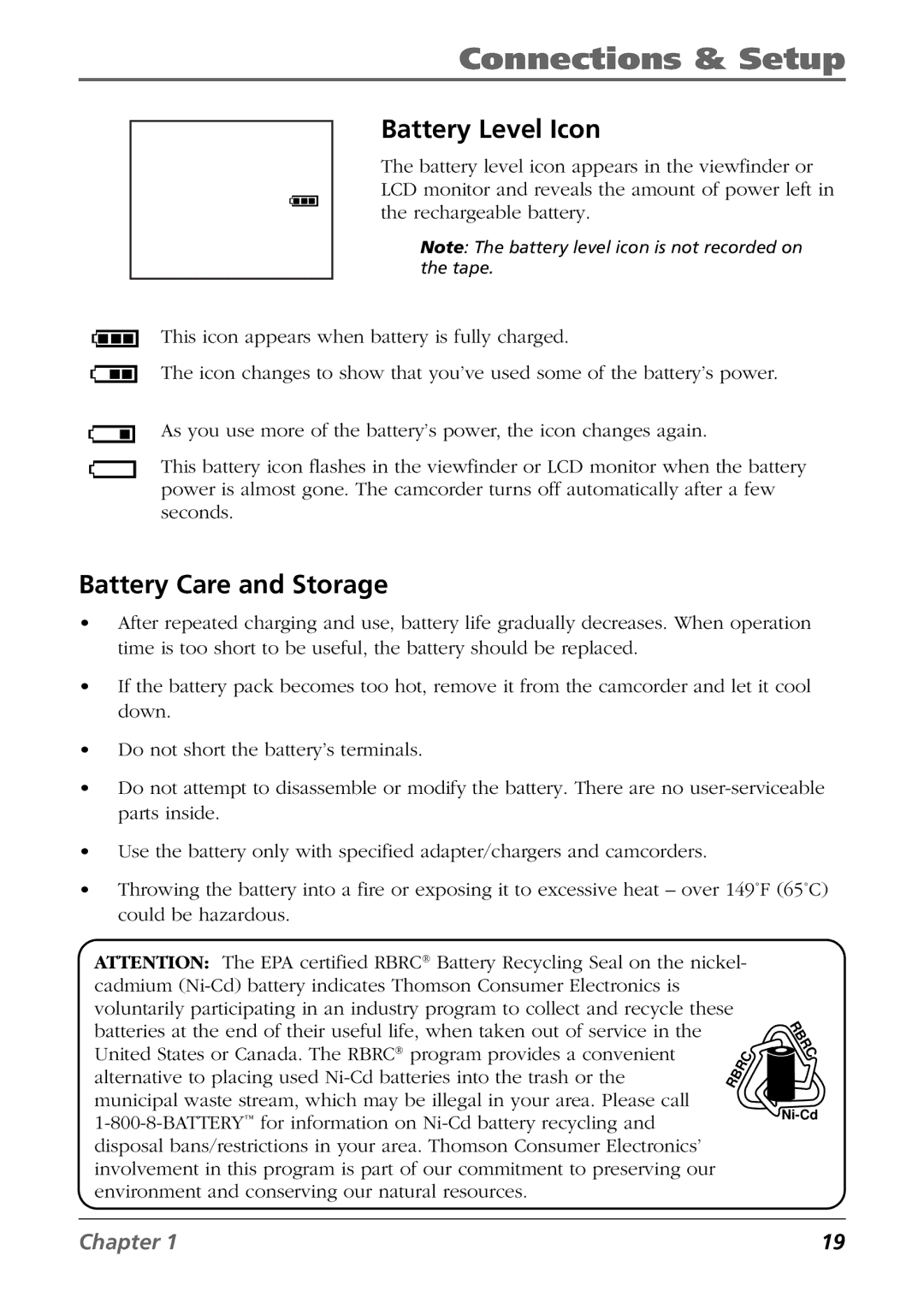 RCA CC6394 manual Battery Level Icon, Battery Care and Storage 