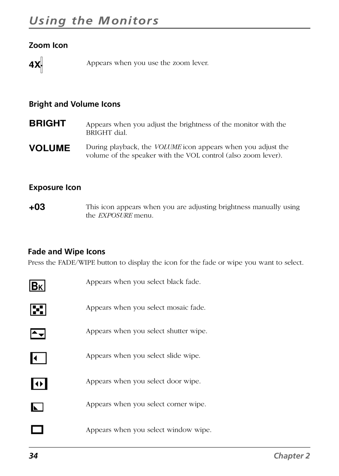 RCA CC6394 manual Zoom Icon, Bright and Volume Icons, Exposure Icon, Fade and Wipe Icons 