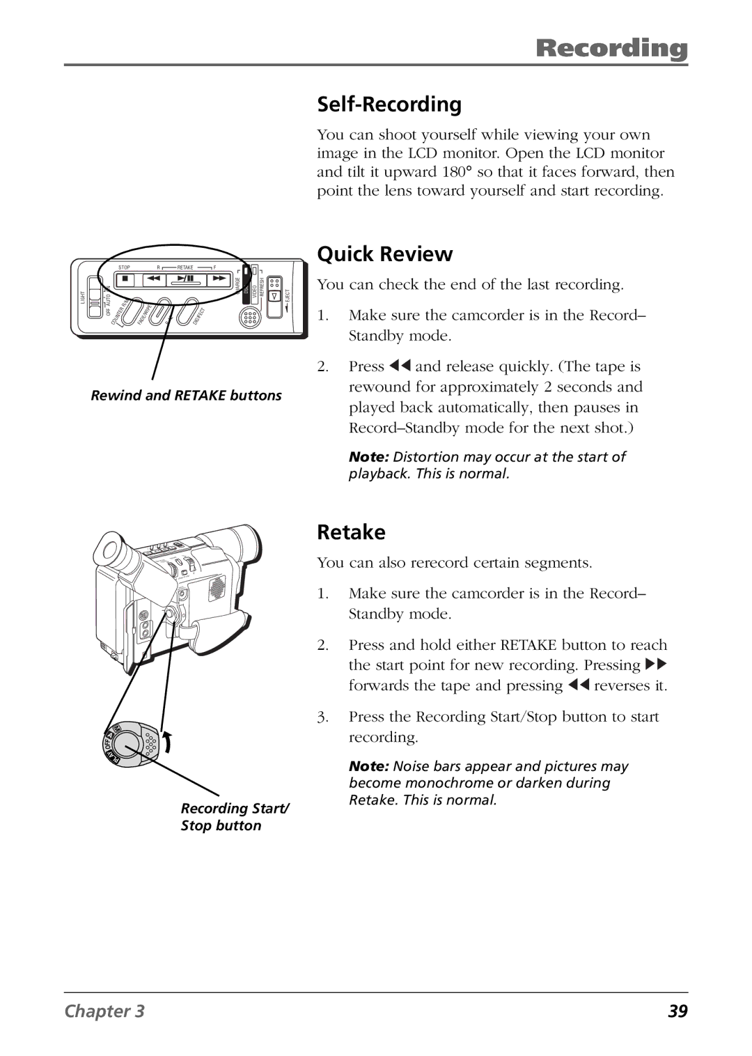 RCA CC6394 manual Self-Recording, Quick Review, Retake 