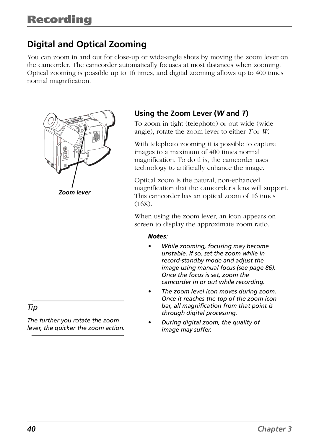 RCA CC6394 manual Digital and Optical Zooming, Using the Zoom Lever W and T 