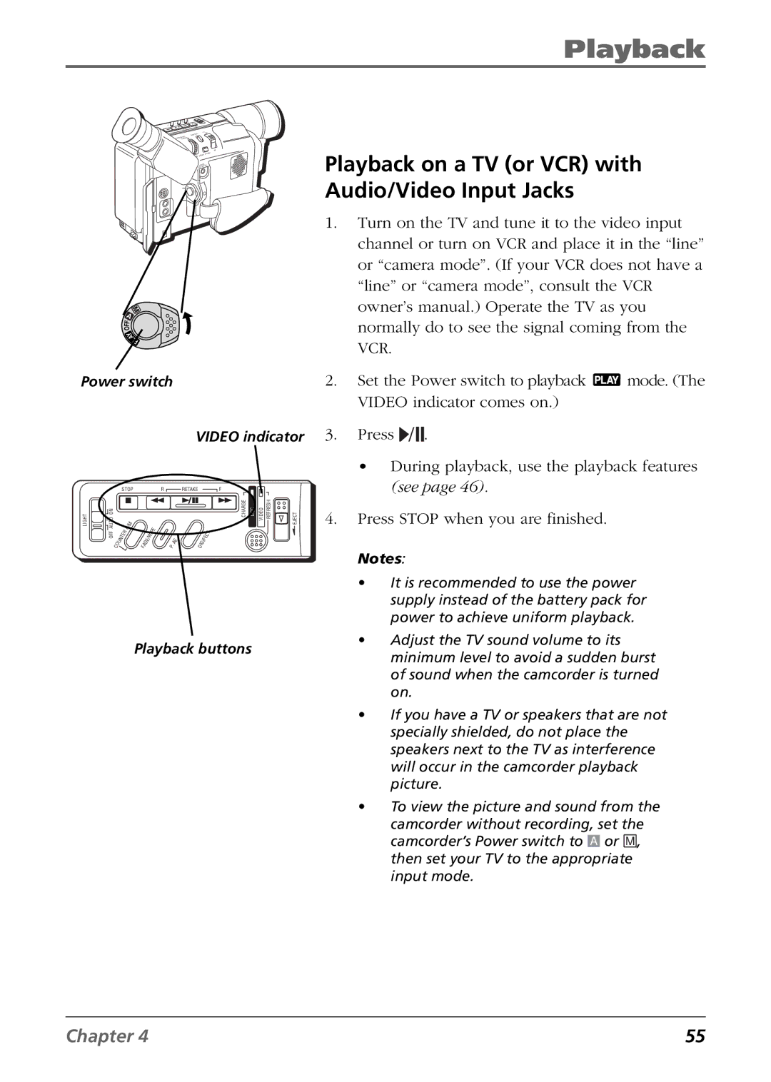 RCA CC6394 manual Playback on a TV or VCR with Audio/Video Input Jacks 